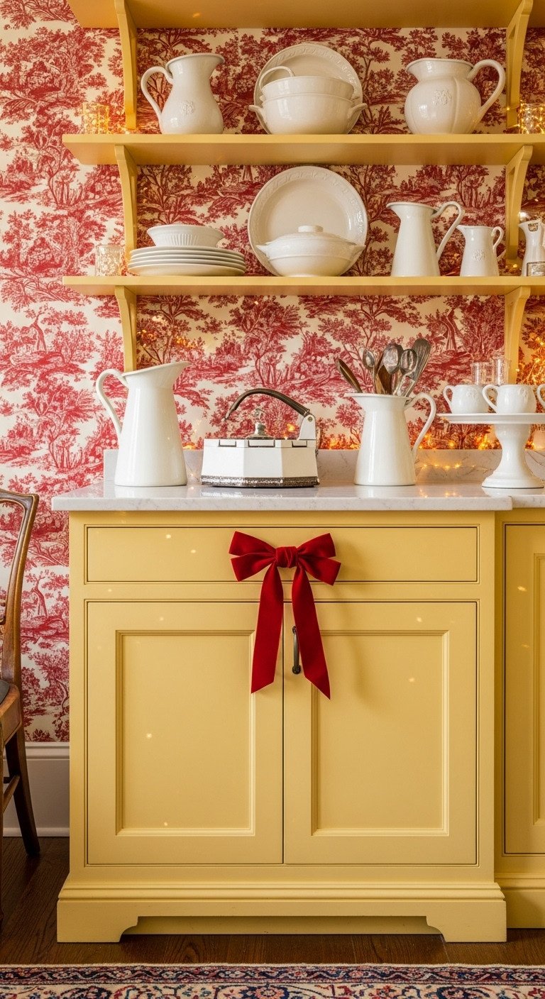 Traditional yellow kitchen with toile wallpaper and rich red velvet ribbons for elegant Christmas decor