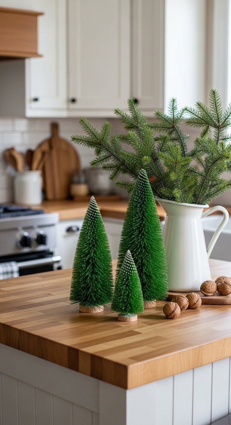 Trio of green bottle brush trees on a kitchen island butcher block countertop