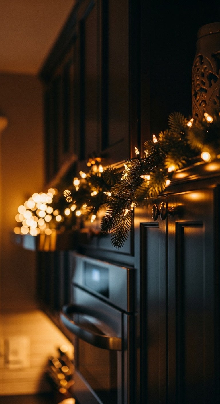 Twinkling fairy lights evergreen garland above dark kitchen cabinets cozy magical glow dusk stainless steel bokeh