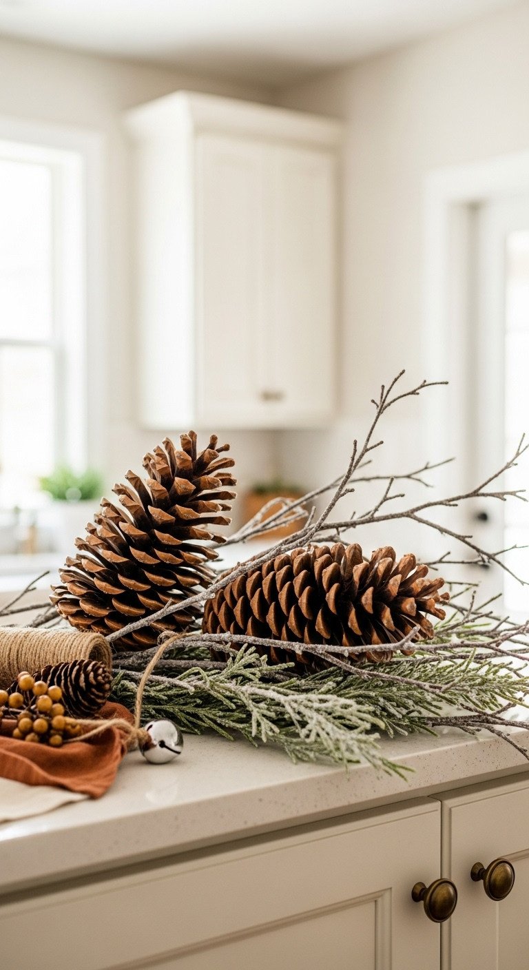 Twinkling fairy lights, faux pine greenery, and flameless candles above rustic farmhouse kitchen cabinets, for a cozy glow.