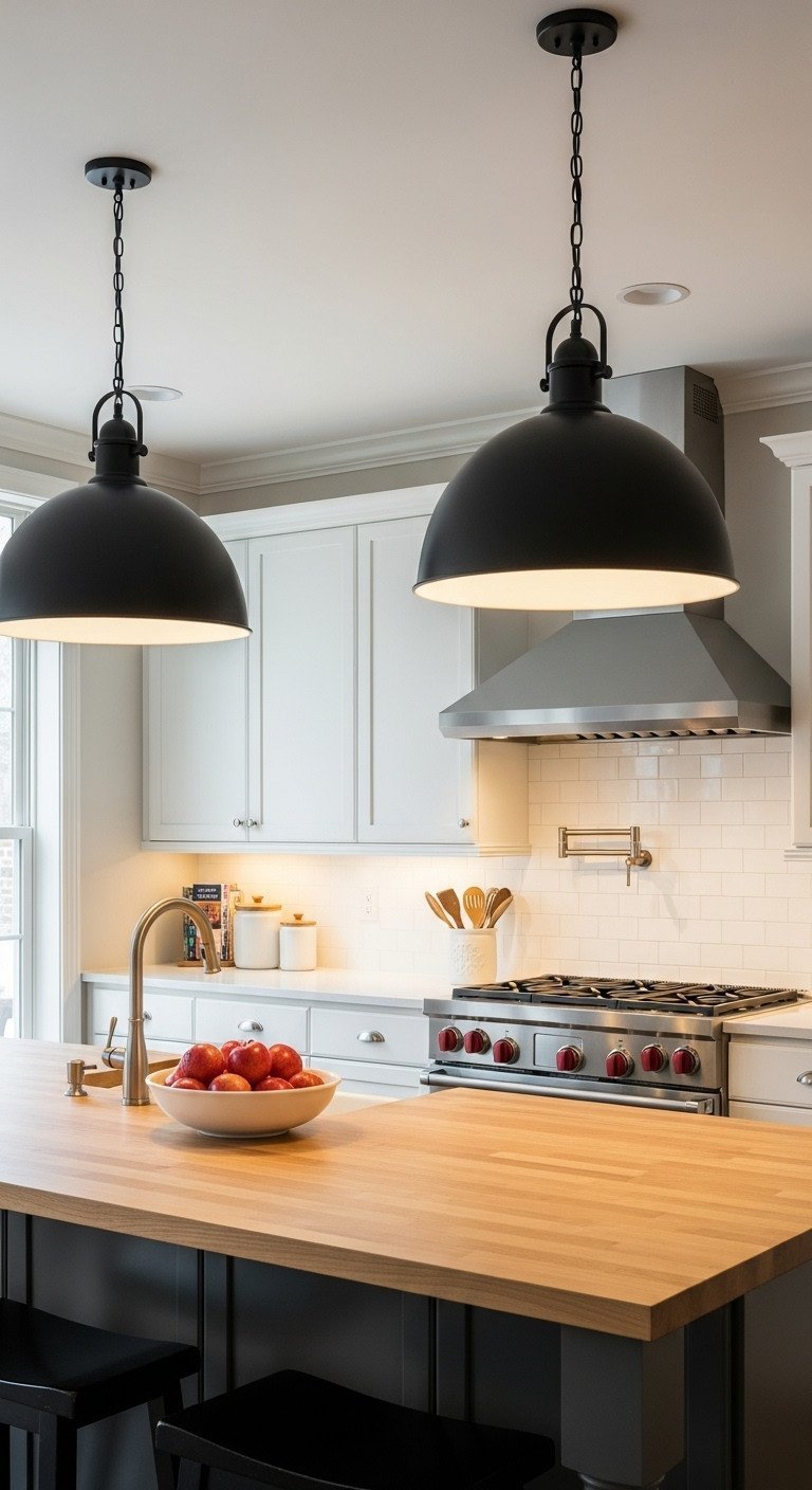 Two matte black dome pendant lights illuminating a butcher block kitchen island in a modern farmhouse white kitchen.