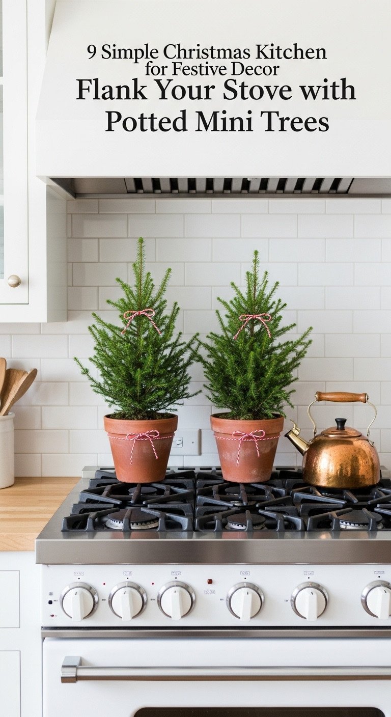 Two potted mini evergreen trees flanking a white stove with a copper tea kettle