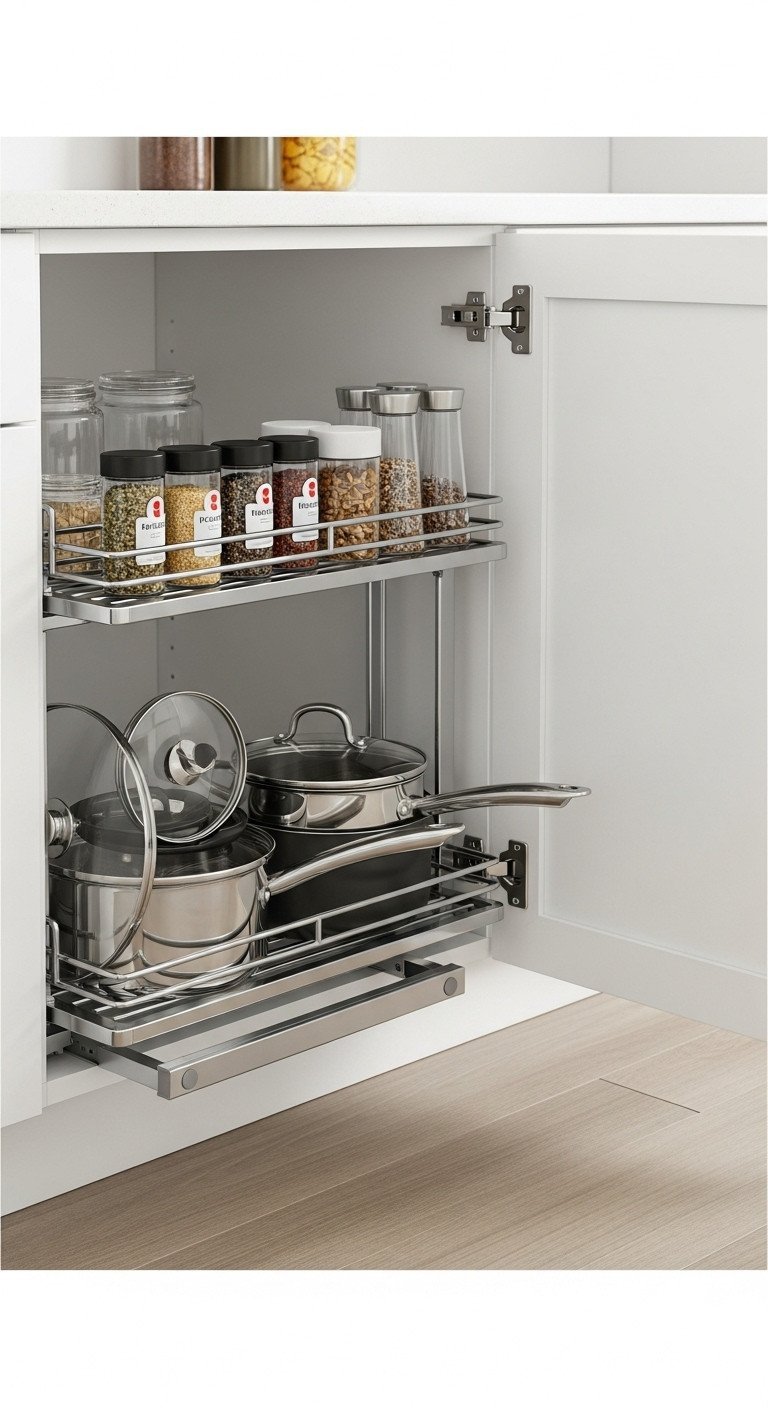 Two-tier slide-out metal shelf organizer in an open cabinet, neatly holding spice jars, pots, and pans for kitchen efficiency.