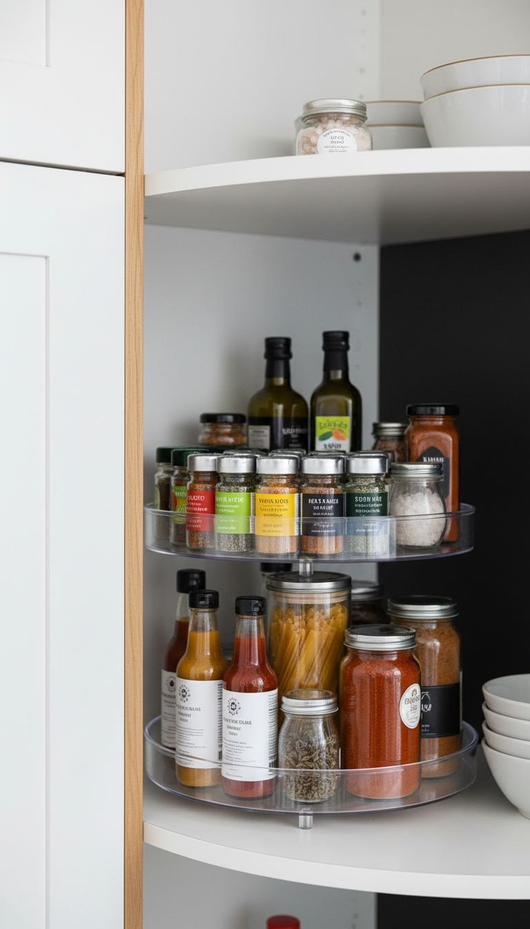 Two-tiered acrylic Lazy Susan organizing condiments and spices in a corner kitchen cabinet. Accessible kitchen storage.