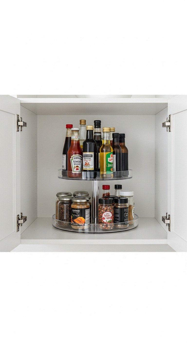 11 Smart Apartment Kitchen Organization Ideas For Renters 15 Two-tiered clear acrylic turntable in a kitchen cabinet, neatly organizing condiments, oils, and spices for efficient access.