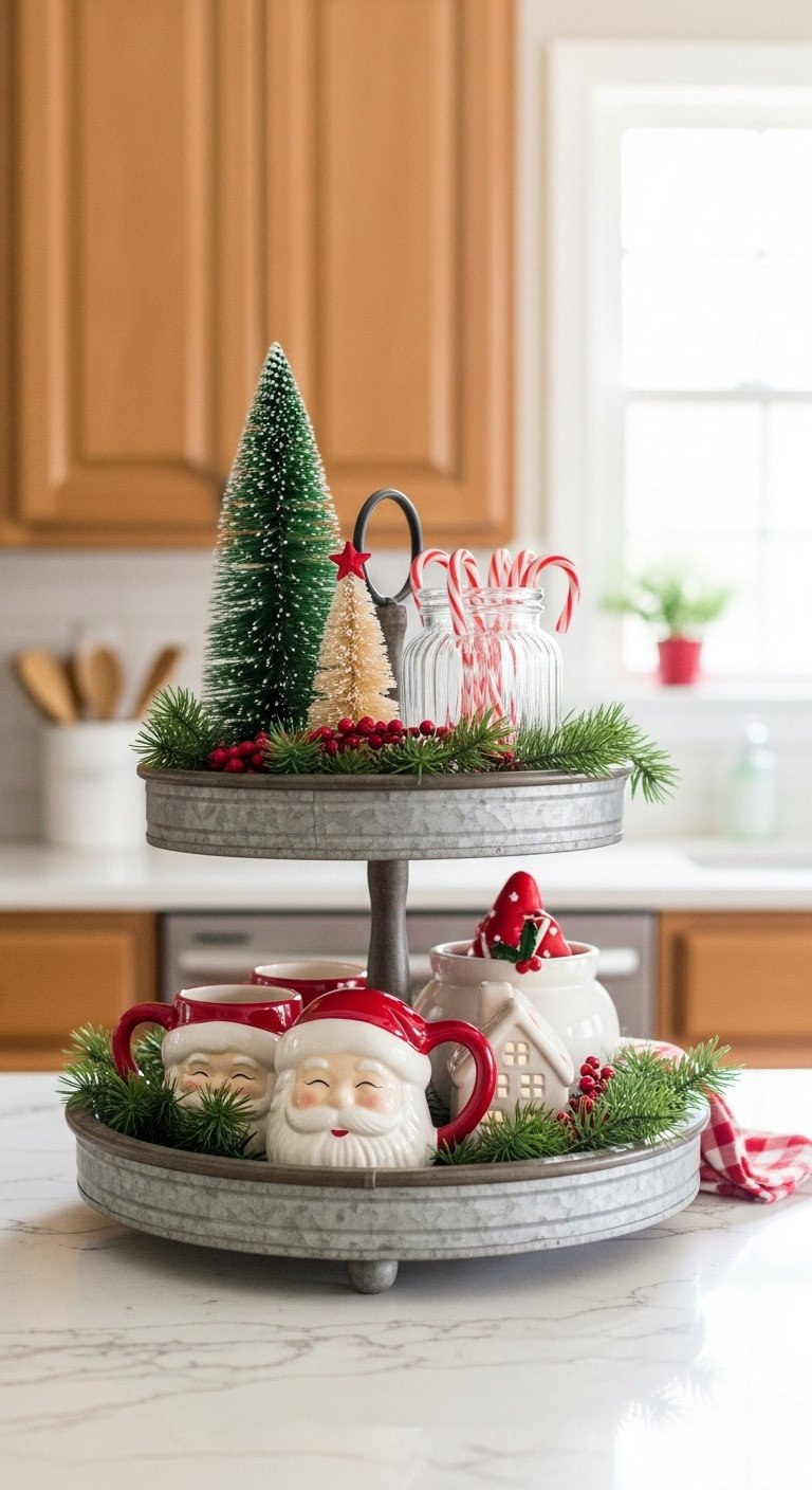 Two-tiered rustic wood and metal tray with a Christmas vignette of Santa mugs ceramic house tree and candy canes on a kitchen island