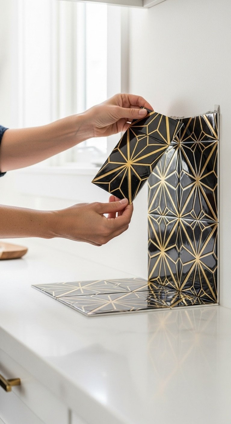 Two-tone kitchen cabinets: matte black lowers, crisp white uppers, with brushed gold hardware and gray subway tile.