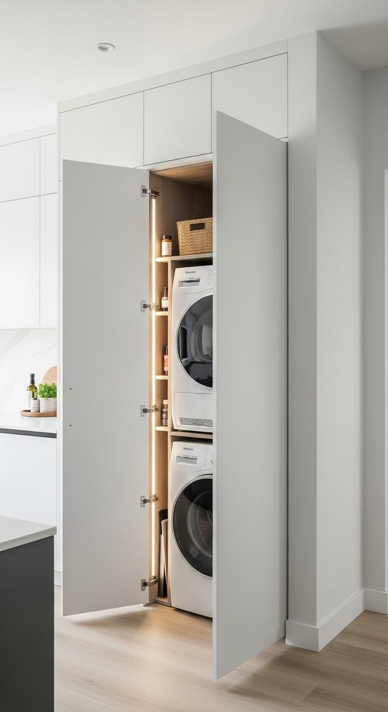 Ultra-minimalist kitchen: open wall pocket door reveals sophisticated laundry station with stacked washer and dryer.