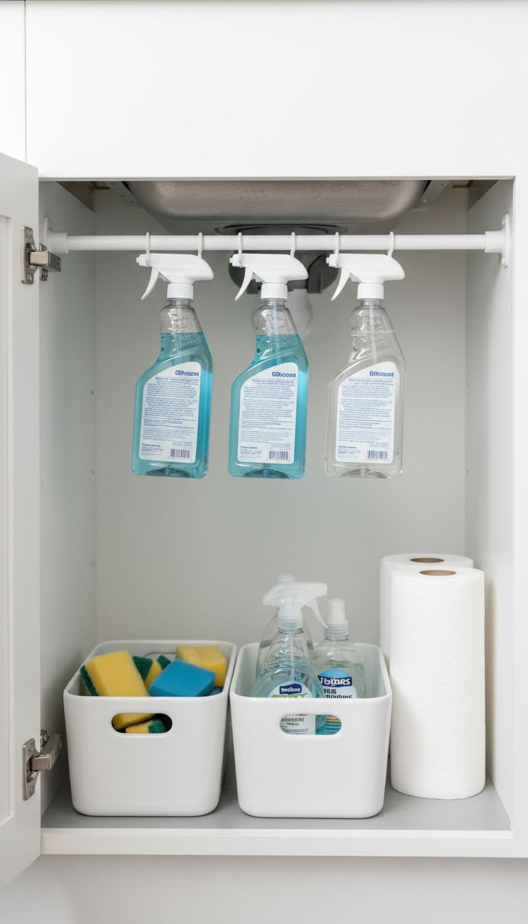 Under-sink kitchen cabinet organized. White tension rod holds spray bottles; sponges and paper towels for cleaning supplies.