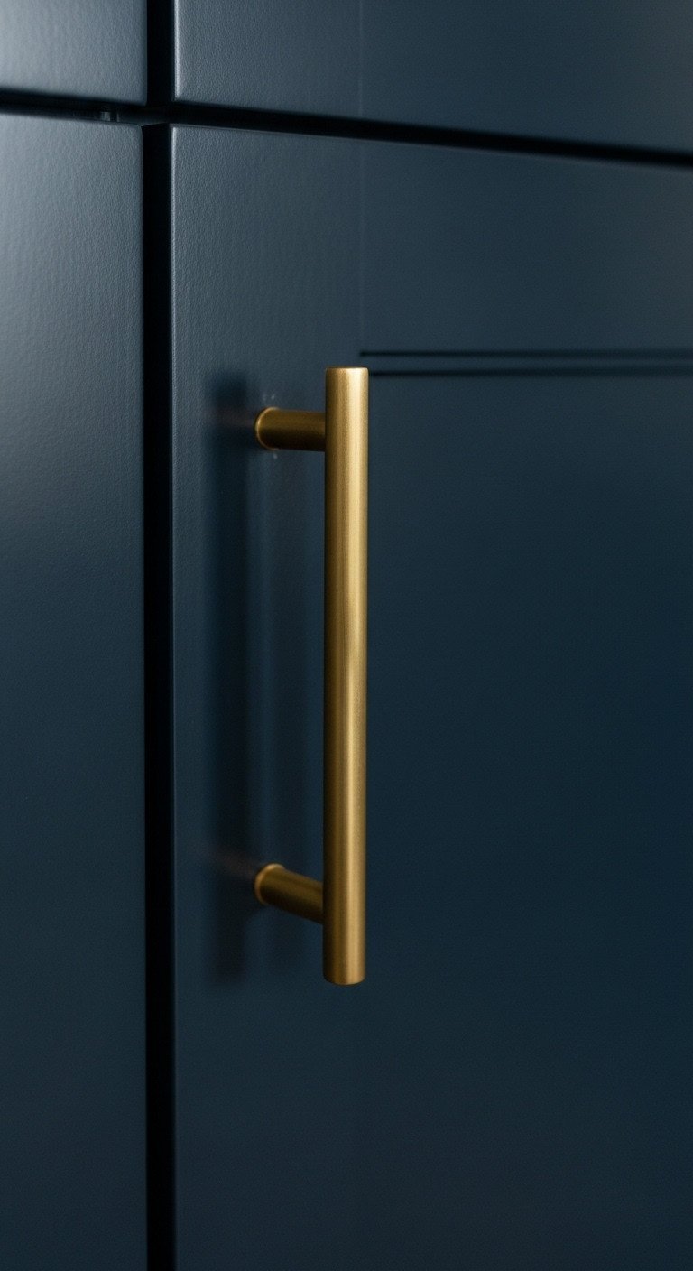 Updated NYC kitchen: elegant brushed brass cabinet pull on a dark navy blue shaker-style cabinet door, sophisticated hardware.