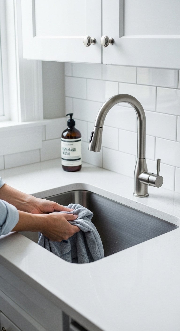 Utility room corner with stainless steel sink, quartz countertop, high-arc faucet, hand-washing garment, white subway tile backsplash.