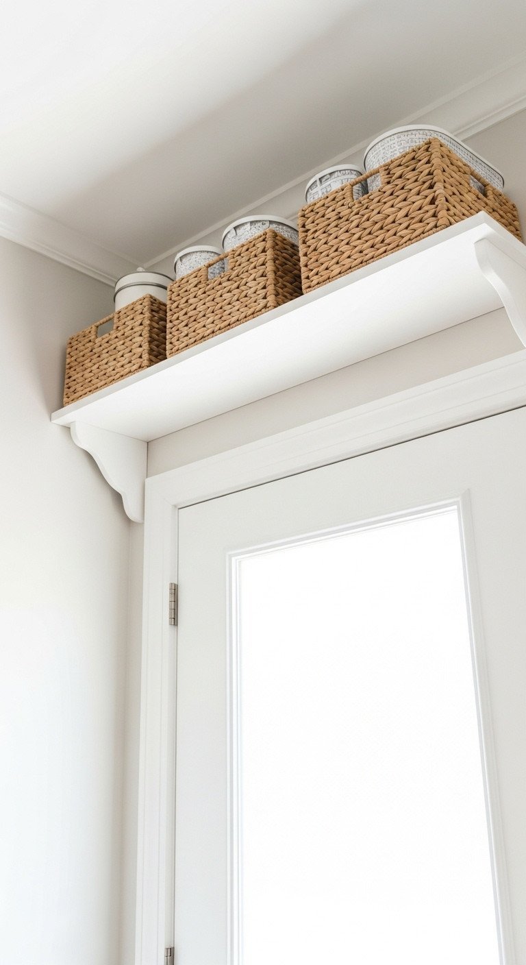 Utility room entryway with a white shelf installed above the door frame, holding decorative woven baskets for storage.