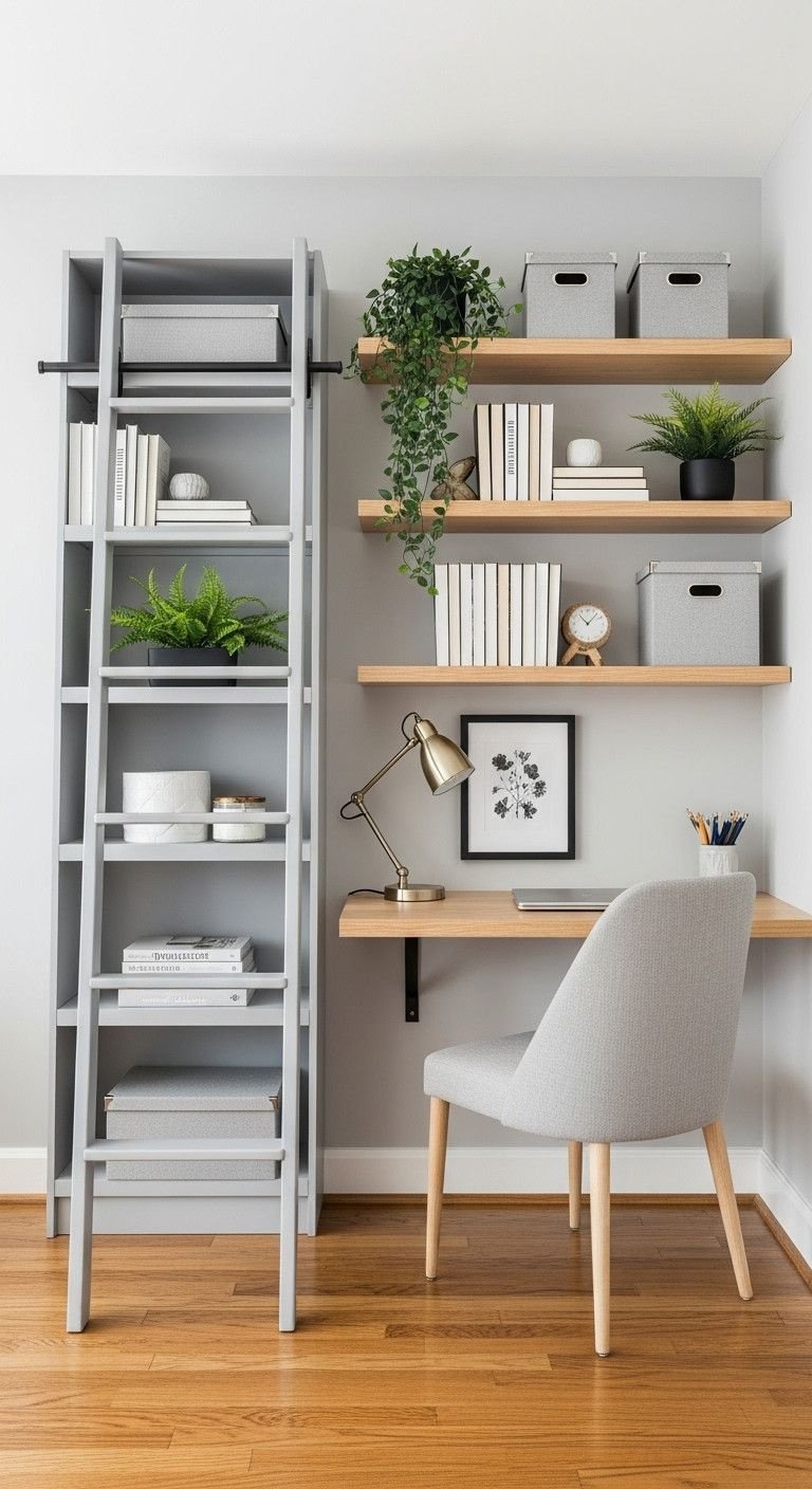 13 Genius Open Concept Apartment Ideas To Create Perfect Flow 15 Vertical space optimized in open concept apartment with ladder bookcase, floating shelves above desk for maximized storage.