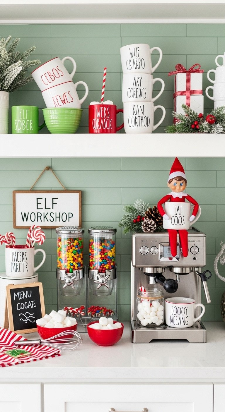 Vibrant "Elf Workshop" coffee & hot cocoa bar with miniature sign, stacked elf mugs, candy dispensers, and an elf figurine on a white counter.