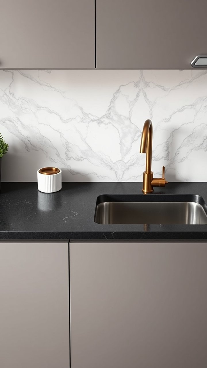 Vibrant blue and white floral removable wallpaper backsplash behind a white kitchen countertop with a bowl of fresh lemons.