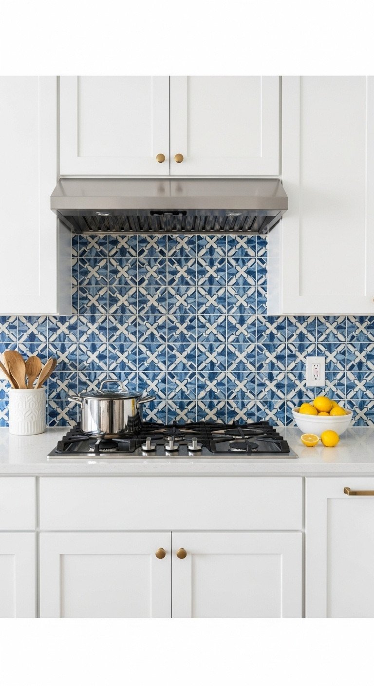 Vibrant blue and white geometric cement tile backsplash behind a sleek induction cooktop in a bright white modern kitchen.
