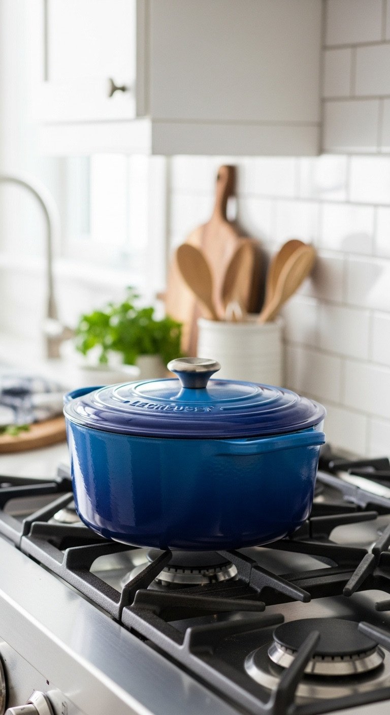 Vibrant blue enameled Dutch oven on a gas stovetop with a wooden spoon and fresh herbs
