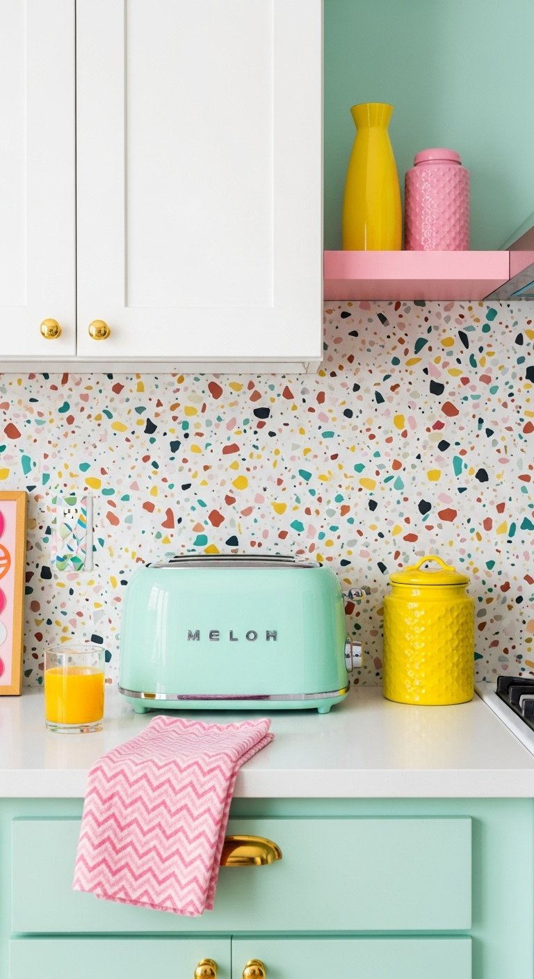 Vibrant eclectic kitchen: retro mint green toaster, yellow canister, and a bold terrazzo backsplash on a white counter.
