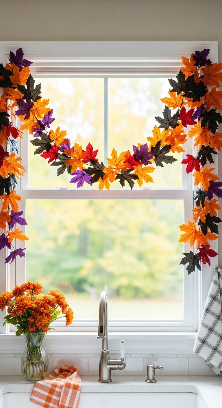 Vibrant multi-color leaf Halloween garland draped over a white kitchen window with fall flowers on the windowsill