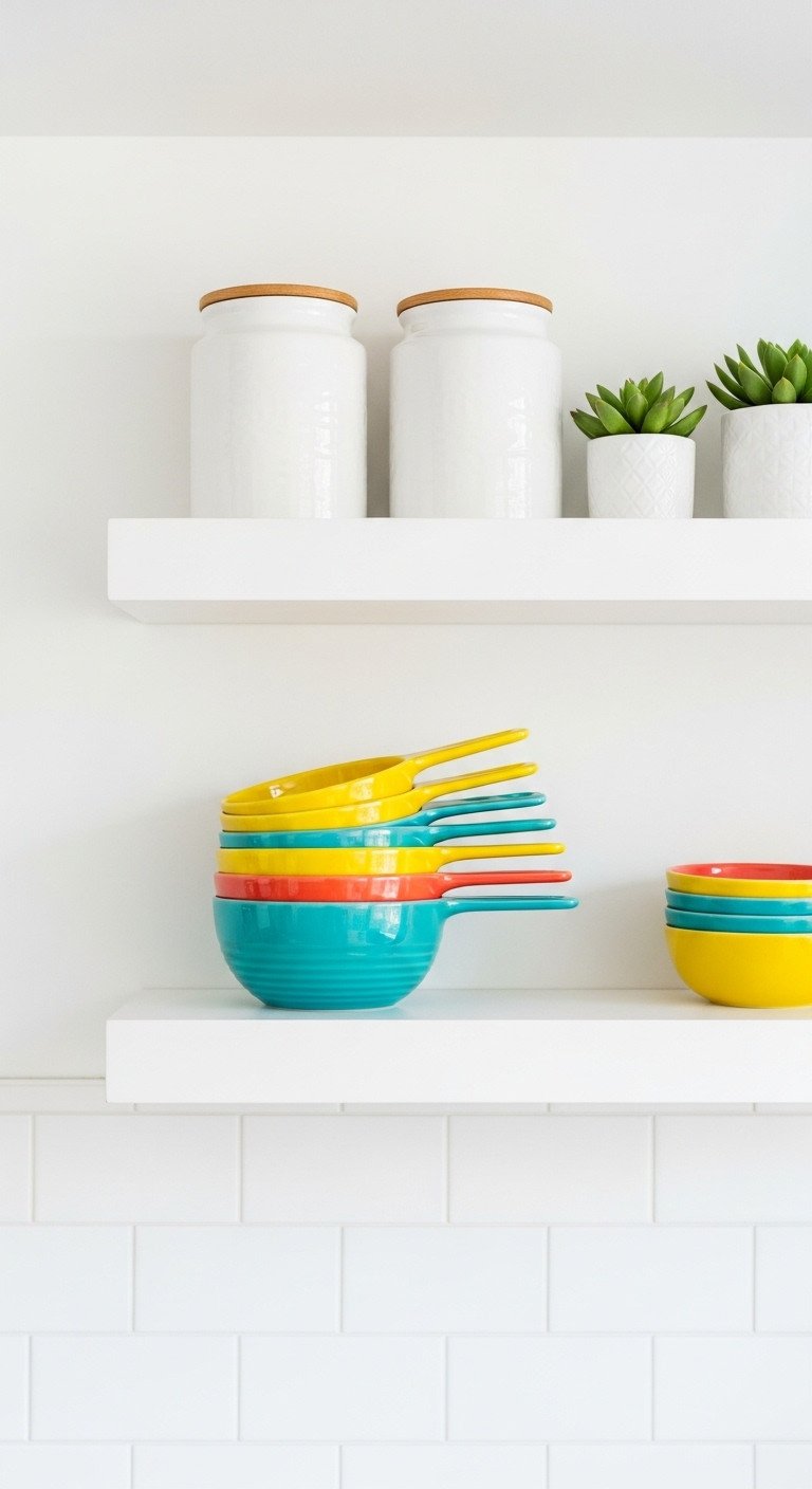 Vibrant multi-colored ceramic measuring cups stacked on a white floating shelf in a bright kitchen