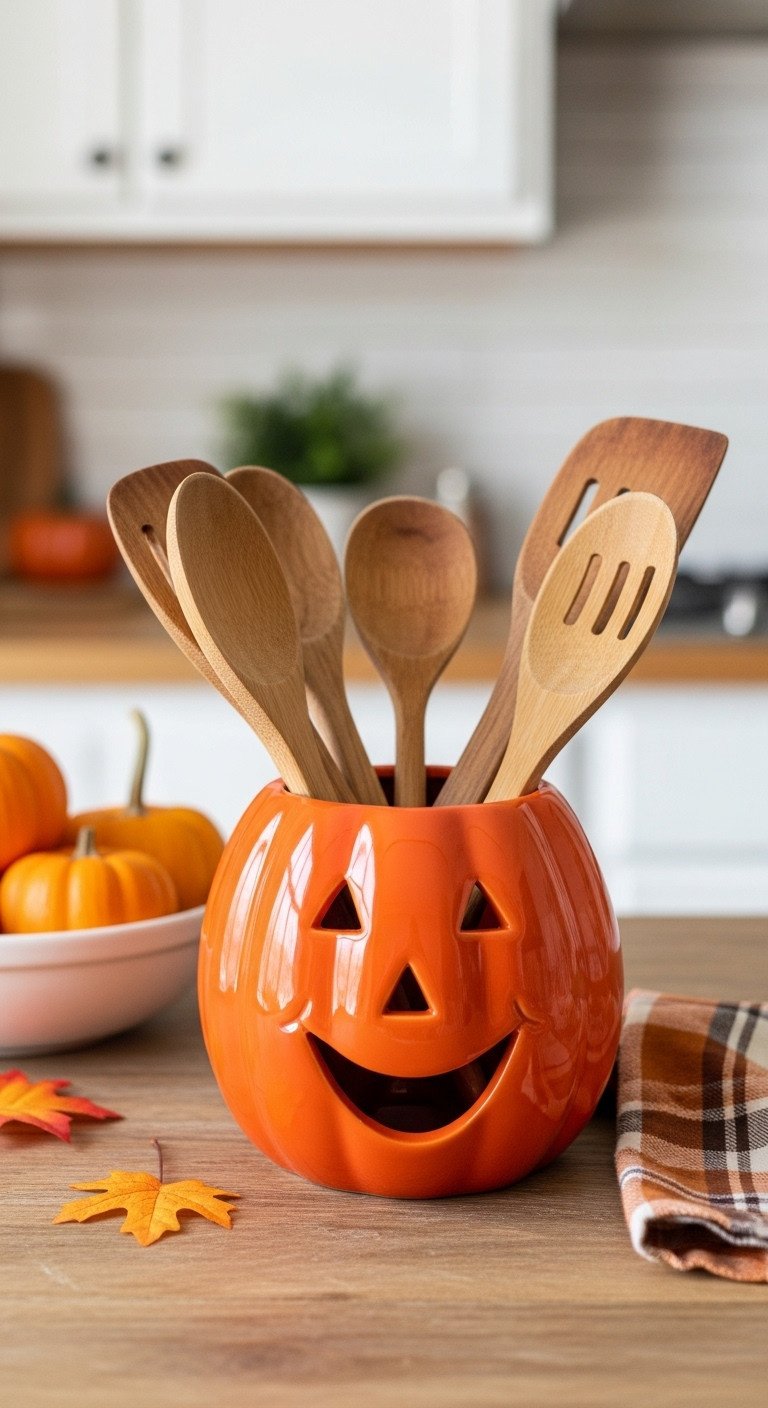 Vibrant orange ceramic pumpkin shaped utensil crock filled with rustic wooden spoons and spatulas