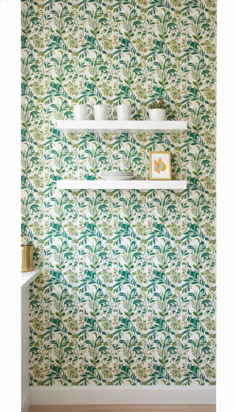 Vibrant patterned removable wallpaper on a kitchen accent wall. Floating shelves, mugs, succulent. DIY home decor.