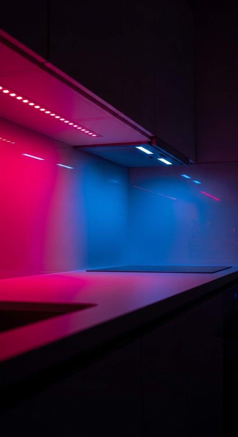 Vibrant pink LED under-cabinet lighting illuminating a dark kitchen countertop, creating a moody, futuristic home decor look.