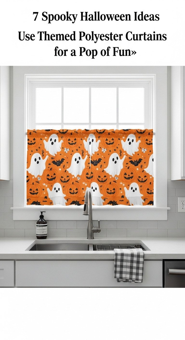 Vibrant polyester kitchen curtains with ghosts pumpkins and bats in a modern kitchen