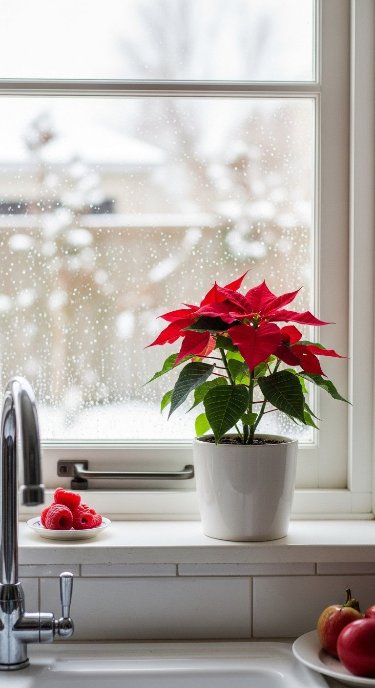 Vibrant red poinsettia plant in a white ceramic pot on a kitchen windowsill