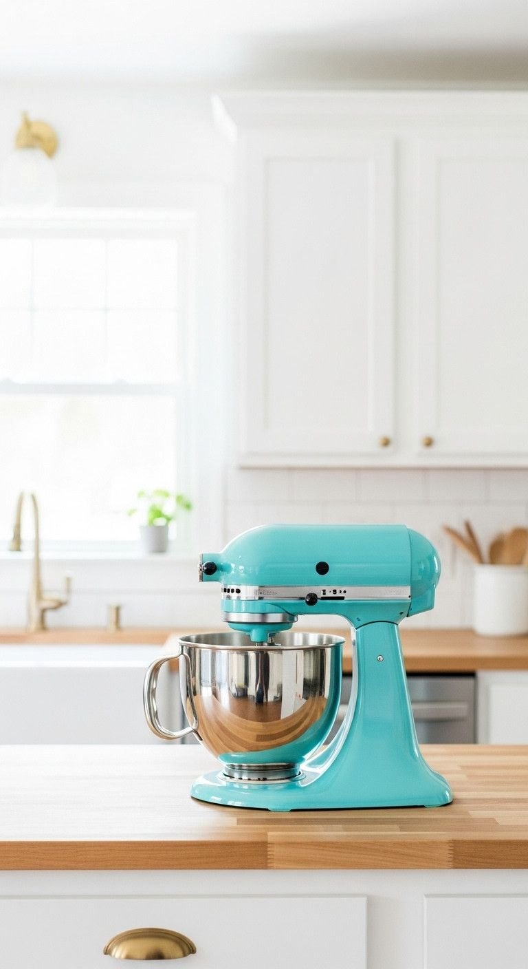 13 Charming Vintage Apartment Kitchen Ideas For Renters 21 Vibrant turquoise retro stand mixer on a butcher block kitchen countertop with a white tile backsplash, stylish kitchen appliance.
