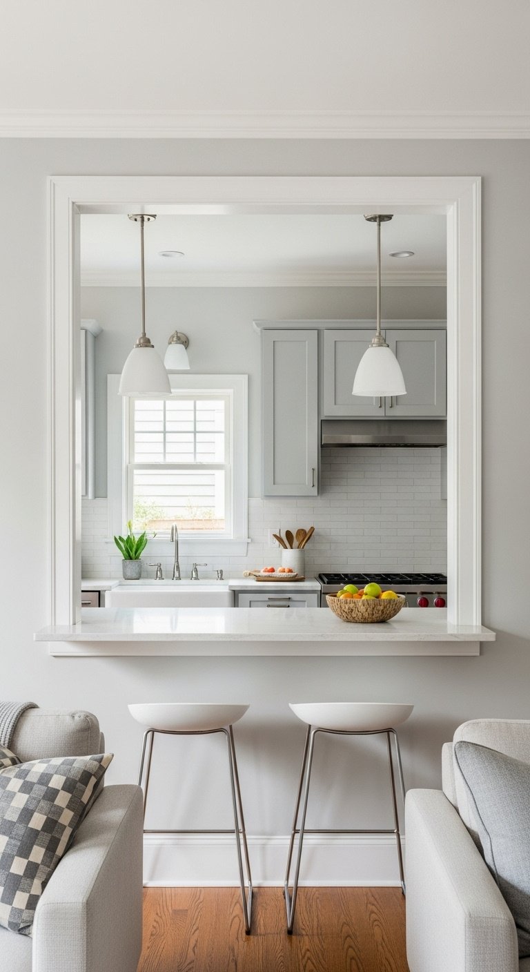 13 Brilliant Galley Kitchen Ideas To Maximize Your Space 21 View from living room into galley kitchen through a new pass-through, with breakfast bar and modern stools.