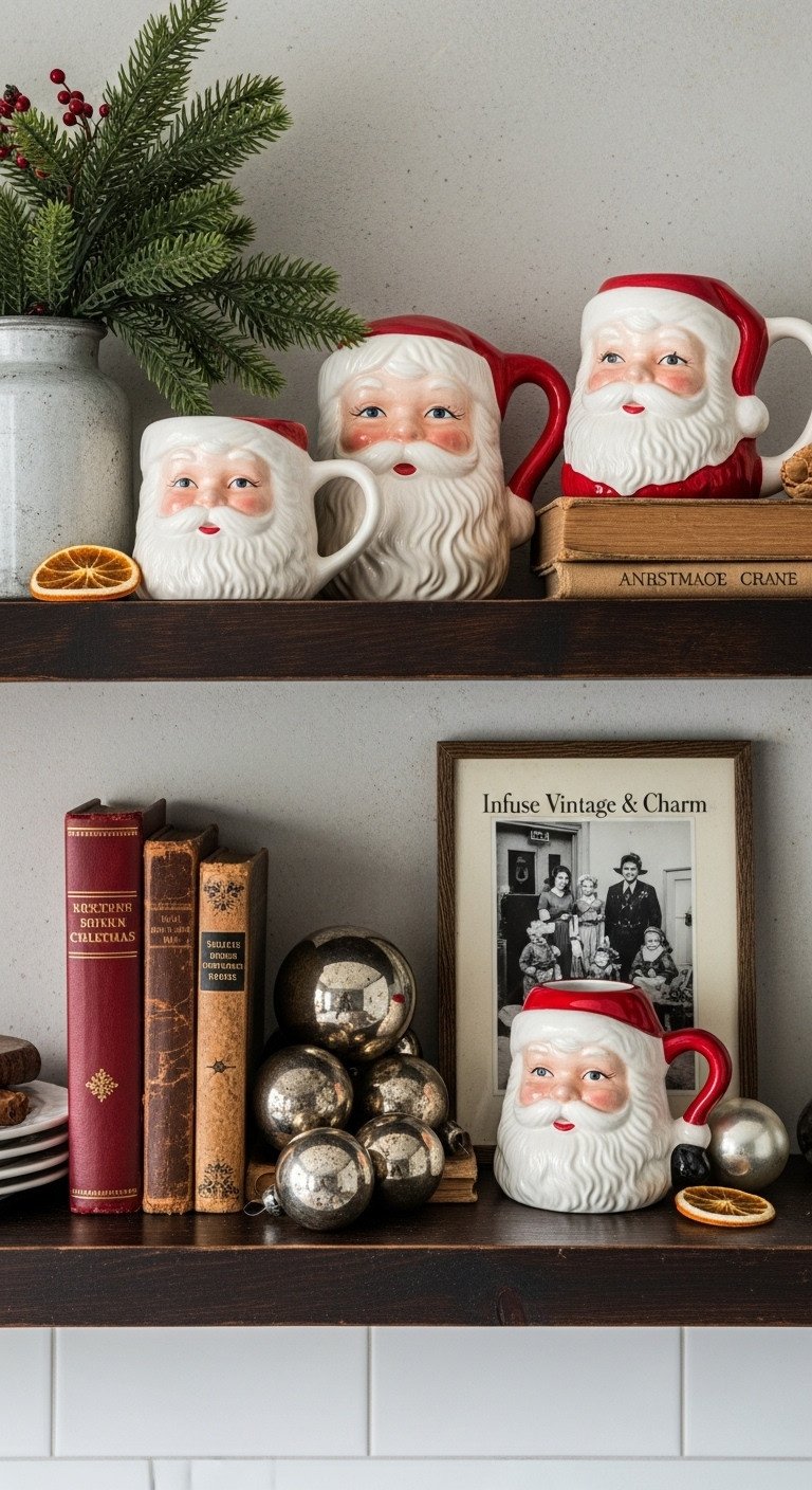 Vintage Christmas kitchen shelf with Santa mugs old books framed photo and antique ornaments