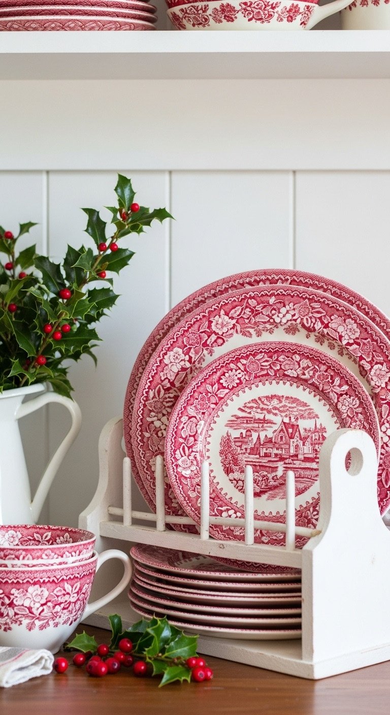 Vintage Christmas kitchen with festive red transferware plates on a white plate rack with an ironstone pitcher and holly
