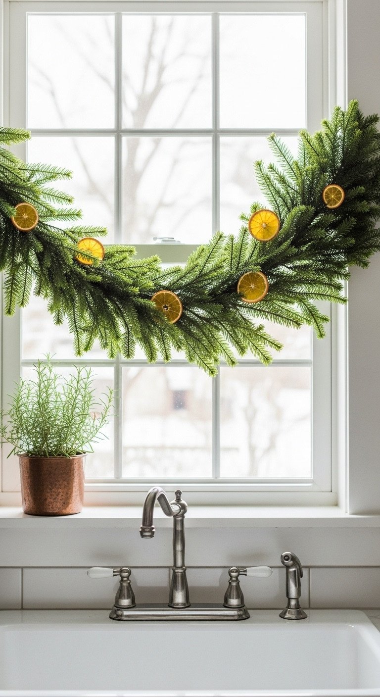 Vintage Christmas kitchen with natural greenery Norfolk pine and dried orange garland on a window frame with a rosemary plant on the windowsill