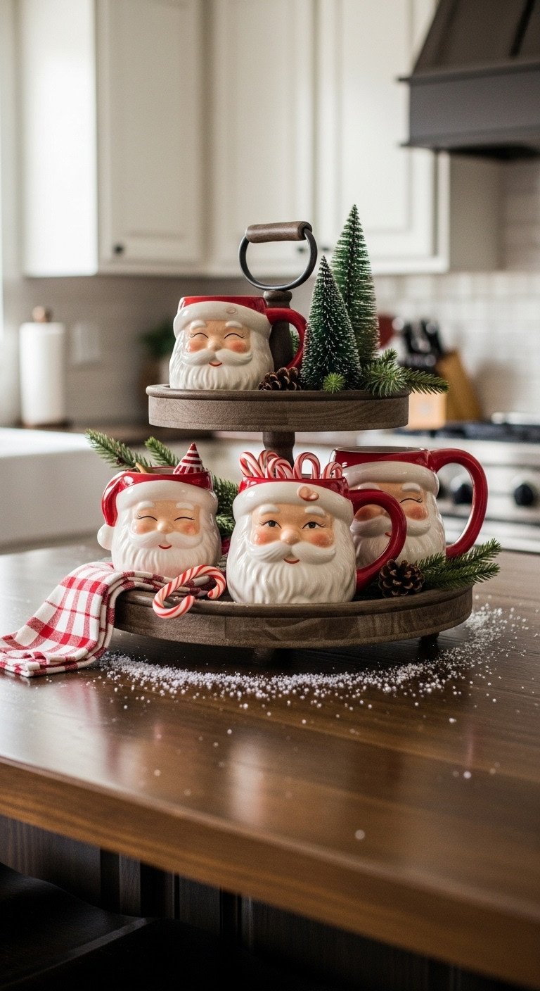 Vintage Santa mugs with candy canes and bottle brush trees on a rustic tiered tray in a cozy Christmas kitchen