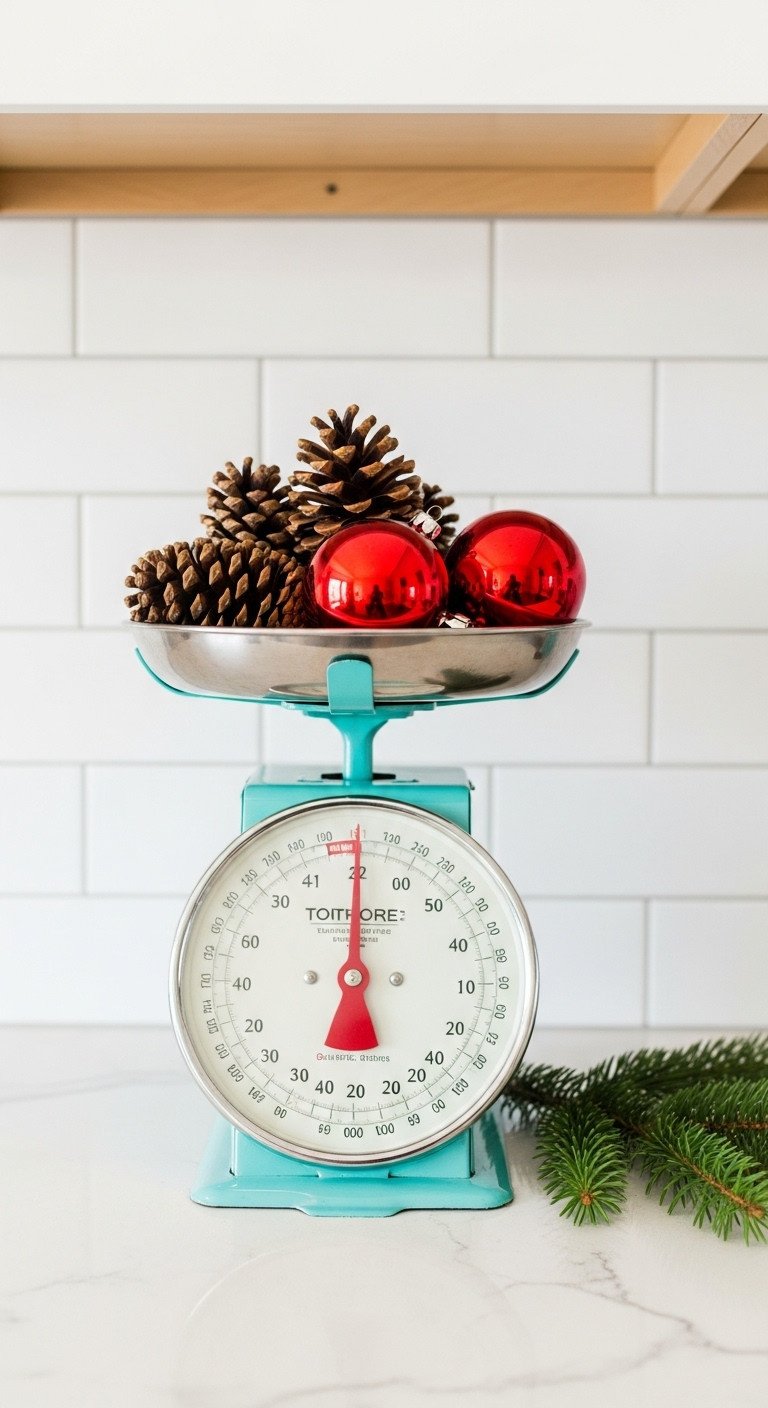Vintage aqua blue kitchen scale adorned with pinecones and red ornaments with an evergreen sprig on a white quartz countertop