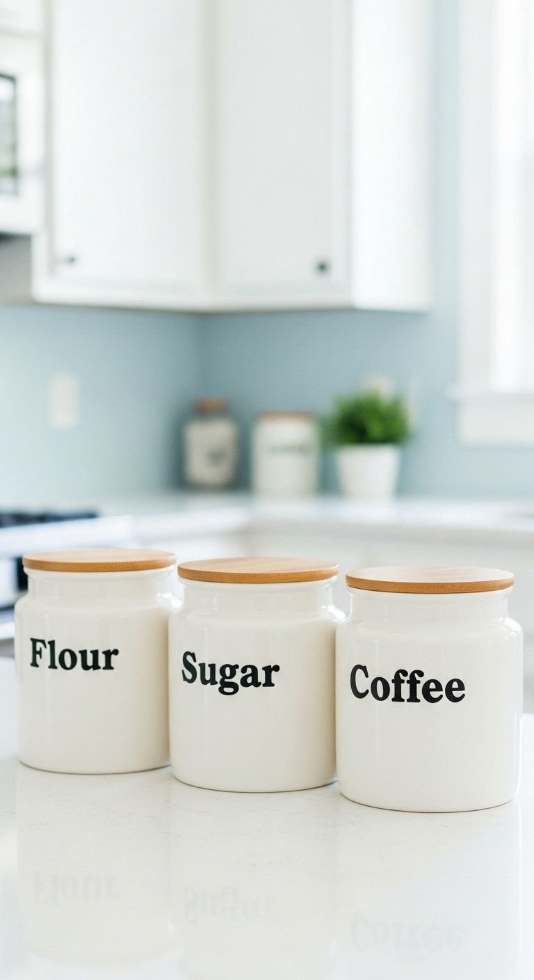 13 Charming Vintage Apartment Kitchen Ideas For Renters 16 Vintage ceramic canisters with wooden lids, labeled Flour, Sugar, Coffee, on a white kitchen counter against a pale blue wall.