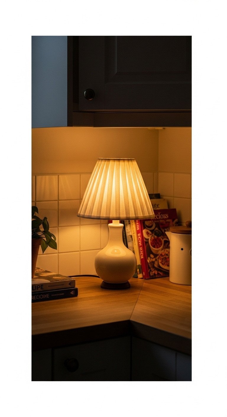 Vintage ceramic table lamp with linen shade casting warm glow on cottagecore kitchen butcher block counter at dusk, cozy ambiance.