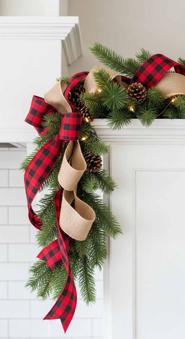 Vintage farmhouse kitchen Christmas decor: pitchers, wood boards, scale, holly, and berries on warm wooden cabinet.
