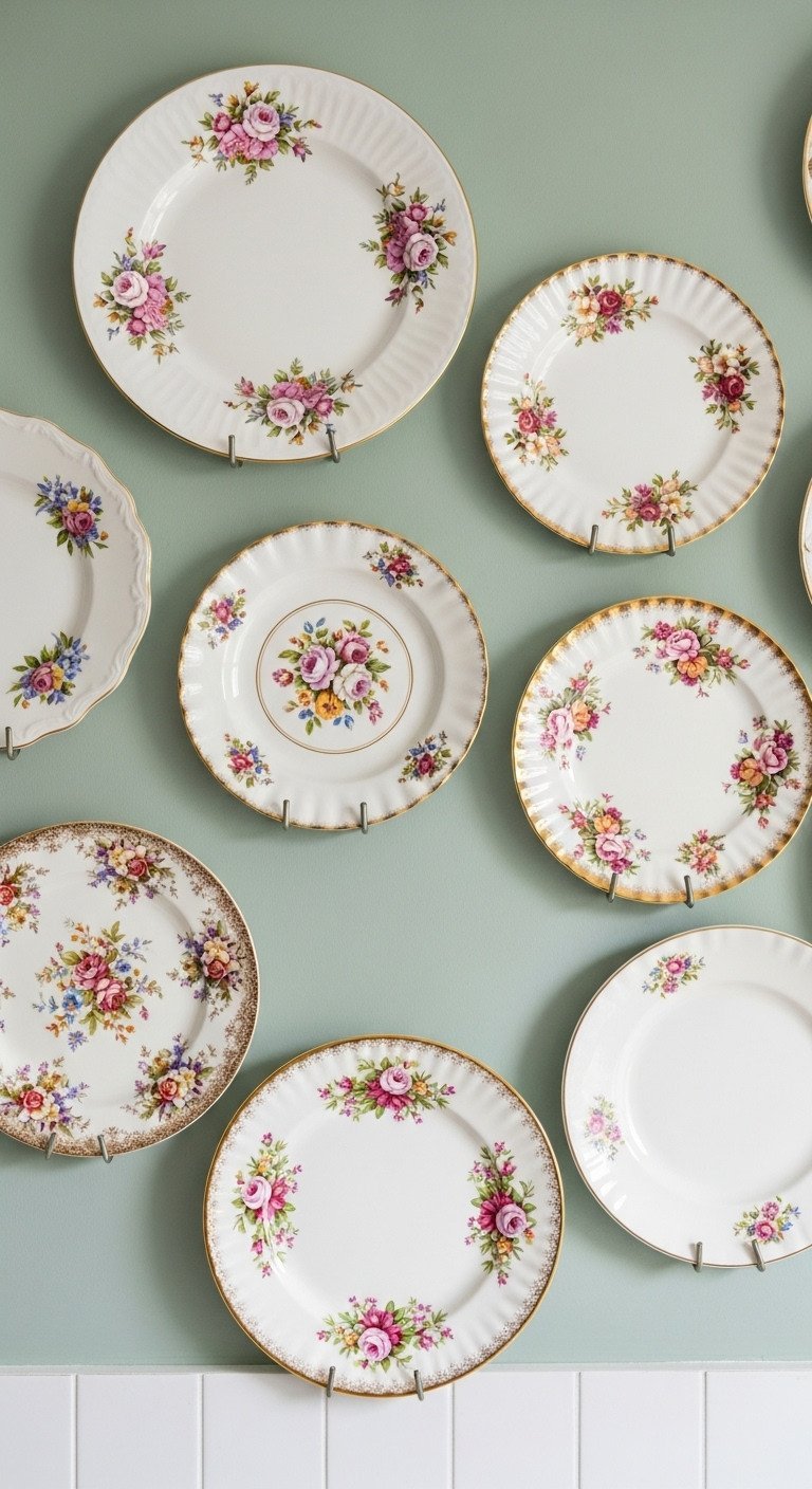 Vintage floral china plates with gold rims mounted on a soft green cottagecore kitchen wall, elegant decorative display.
