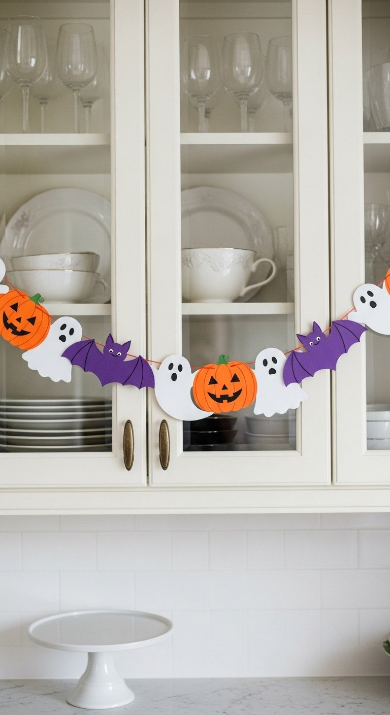 Vintage paper Halloween garland with jack-o'-lanterns bats and ghosts in front of a glass-front kitchen cabinet