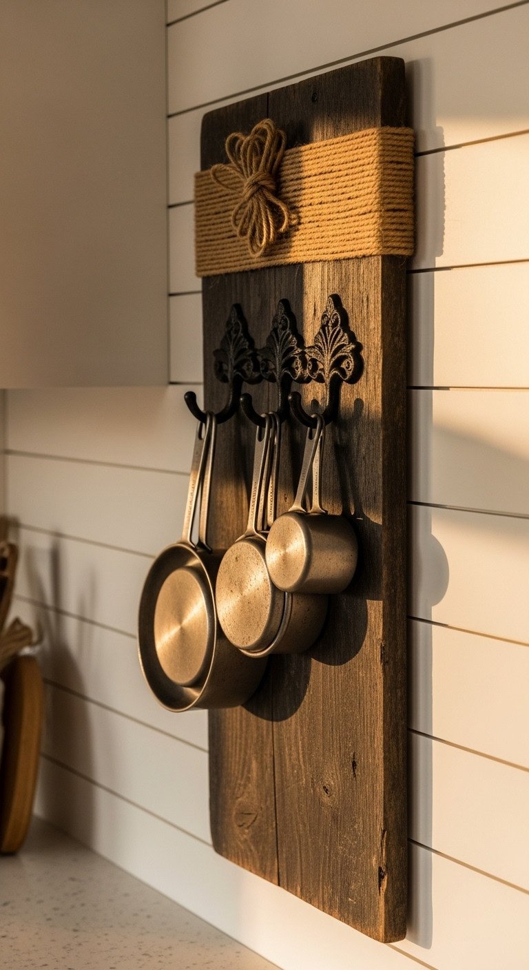 Vintage pewter measuring cups hanging on a rustic wooden board on a shiplap wall