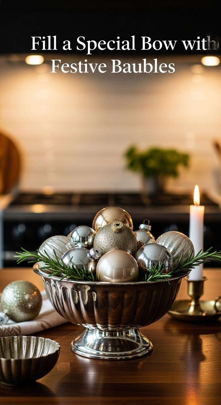 Vintage silver bowl overflowing with champagne gold silver and cream glass Christmas ornaments