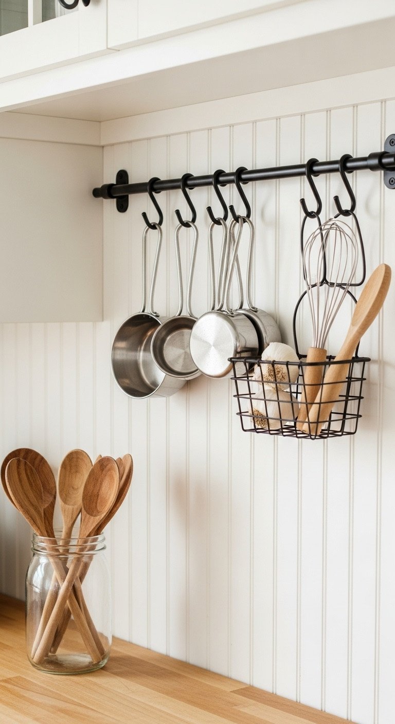 Vintage stainless steel measuring cups hanging from a black metal rail on a white beadboard kitchen wall