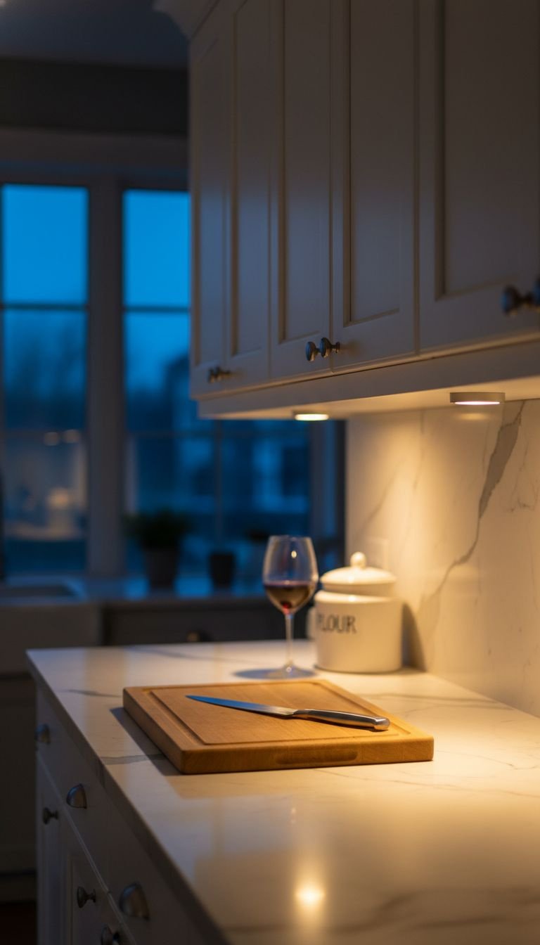 Vintage-style patterned runner rug in a narrow galley kitchen. Terracotta, sage green, white cabinets. Home decor accent.