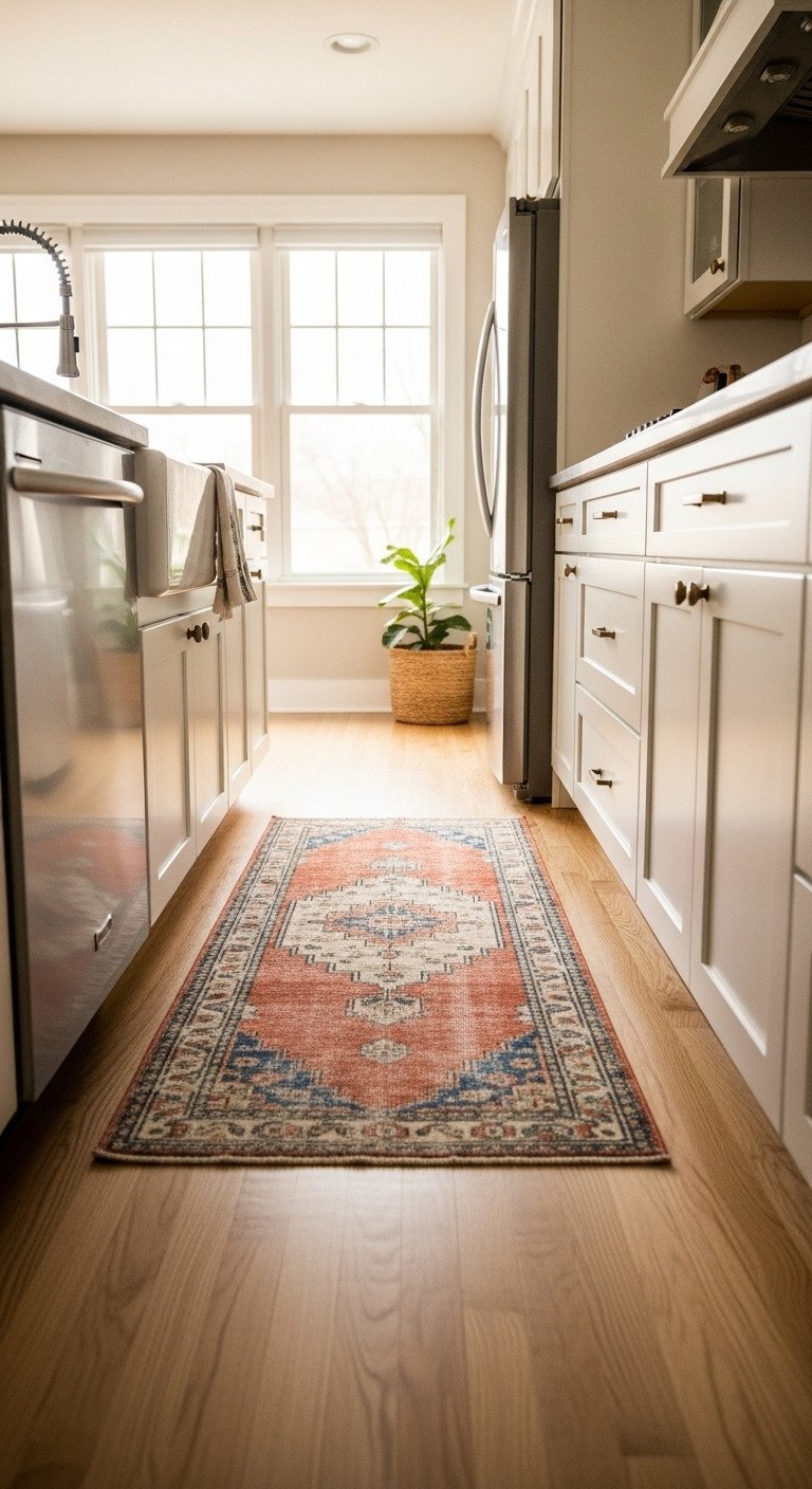Vintage-style runner rug in faded terracotta and blue on light hardwood flooring, adding warmth to a cozy galley kitchen.
