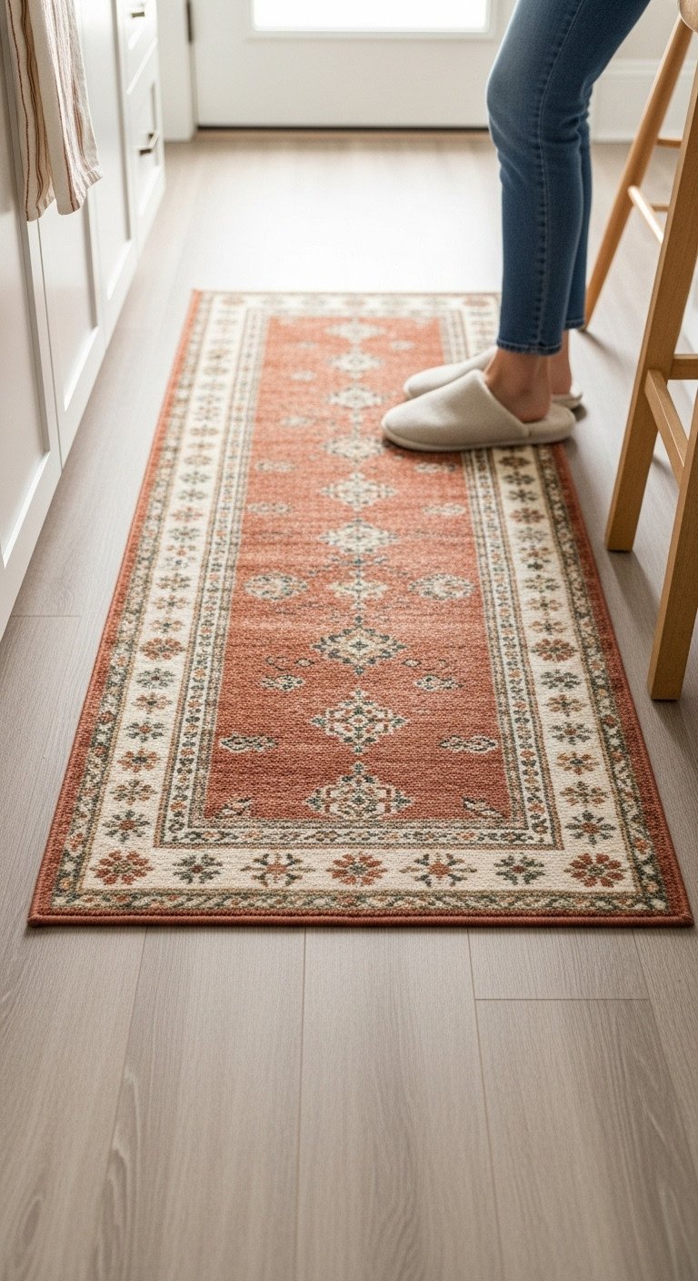 How To Make A Kitchen Cozy A Simple Method For Apartments 7 Vintage-style washable runner rug on a light wood kitchen floor with slippered feet, white cabinets. Cozy, functional home decor.