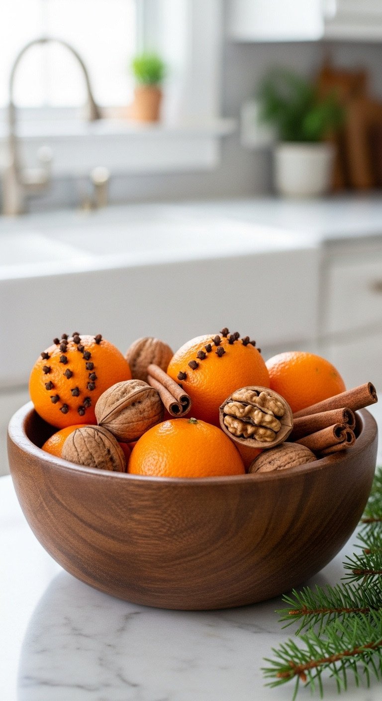 Vintage wooden bowl filled with clementines studded with cloves walnuts cinnamon sticks and fresh pine on a marble countertop