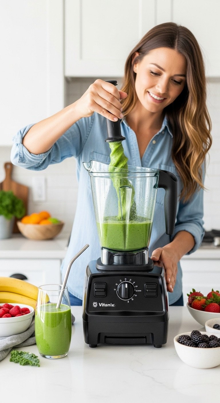 Vitamix blender making a vibrant green smoothie with fresh fruit on a white countertop