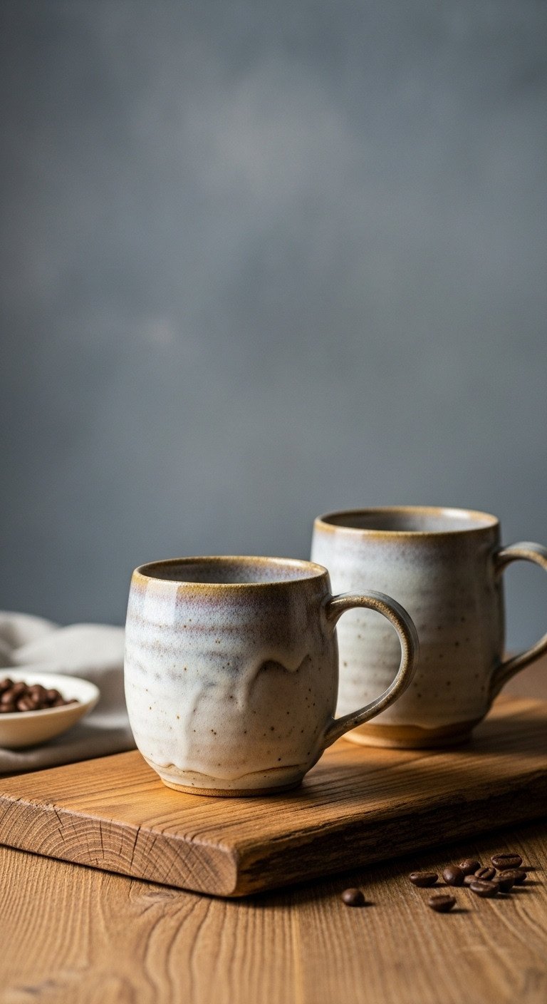 Wabi Sabi kitchen design showcasing handmade ceramic mugs with imperfect glazes on a rustic wooden tray with dramatic side lighting